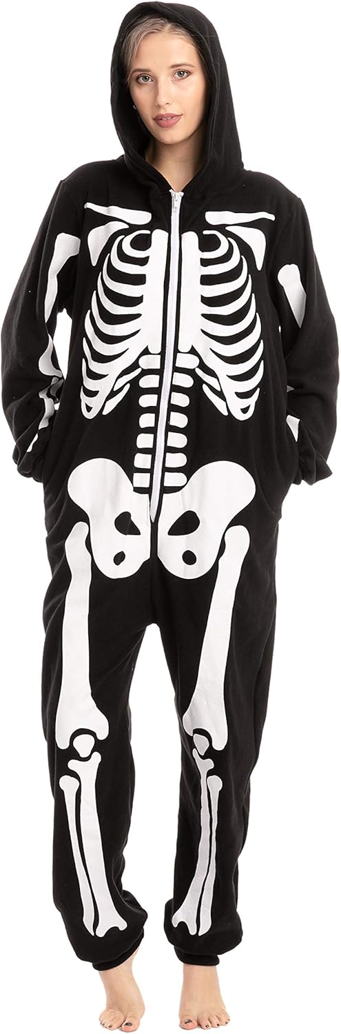 Unisex Skeleton Onesie Pajamas Plush Skeleton Jumpsuit Zipper Halloween Hoodie Pajamas for Adults Sleepwear Costume Black L