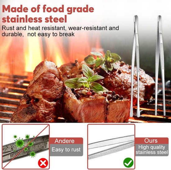 Kitchen Tongs, 2 Pieces BBQ Tongs with Serrated Tips, Kitchen Tongs, Stainless Steel, Long Tong, Professional Multi-Function, Straight Precision Tongs for Meats, Pasta Lining