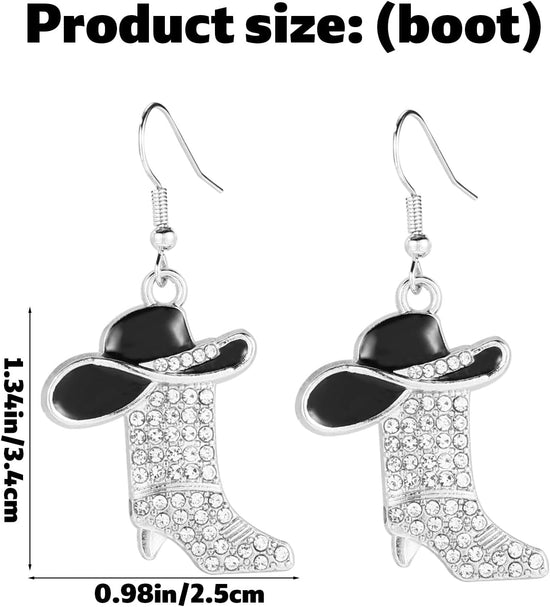 3pcs Western Cowgirl Accessories Set, Rhinestone & Enamel Cowboy Hat & Boots Dangle Earrings and Matching Necklace Country Concert Western Dress-Up Accessory for Women