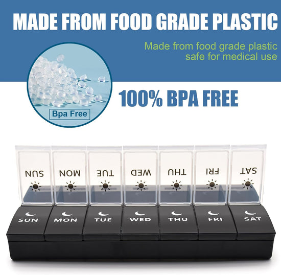 Large Pill Organizer 2 Times a Day, Weekly Pill Case, AM PM Pill Box, Day Night Pill Container 7 Day, Vitamin Case Medicine Dispenser Twice a Day (Black & White)