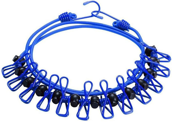2 Pack 5.84 Feet Windproof Clothesline with 12 Blue Clips, Adjustable Clothes Line for Home, Travel and Outdoor Hanging Clothes