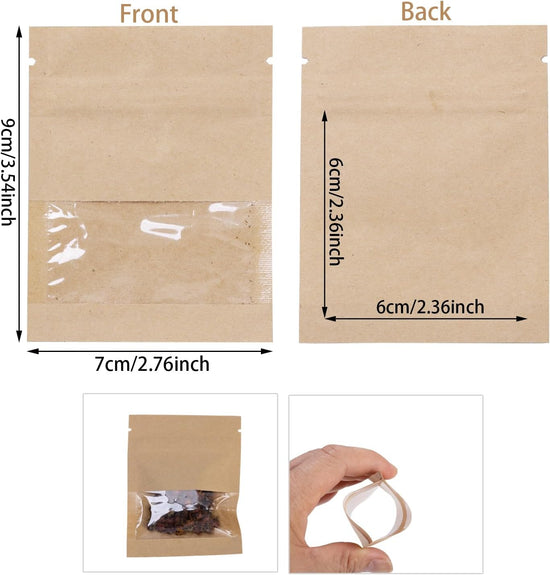 100Pcs 7×9cm Sealable Kraft Paper Bag with Transparent Window, 2.7×3.5&