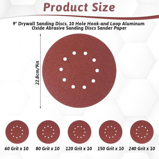 50 Pcs 9-Inch 10-Hole Drywall Sanding Discs Set, 10 Each of 60 80 120 150 240 Grits Hook-and-Loop Sanding Discs for 9" Drywall Sander, Wood Furniture Finishing