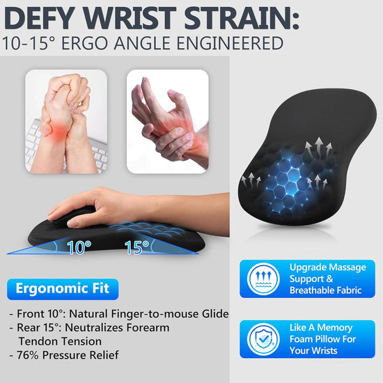 Ergonomic Mouse Pad with Wrist Rest, Dual-Slope Design for Pain Relief- Large 12x8 Inch Size with Reinforced Memory Foam & Non-Slip Base for Office Desk/Gaming (Black)