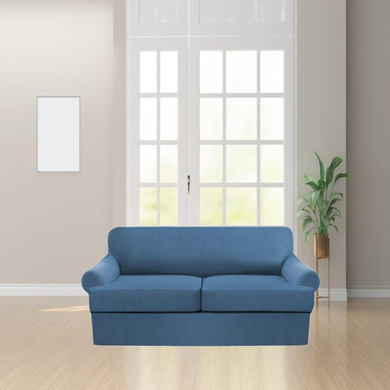 3 Piece T Cushion Sofa Slipcovers Thick Couch Cover Furniture Protector Stretch T Cushion Sofa Covers for 2 Cushion Couch with 2 Individual T Cushion Covers Washable (Blue, Loveseat X-Large)