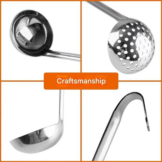 Two-piece set - Stainless steel soup ladle and sieve with hook - can be hung on the side of a pan - Soup ladle - Porridge spoon - Thickened household spoon - 25 cm