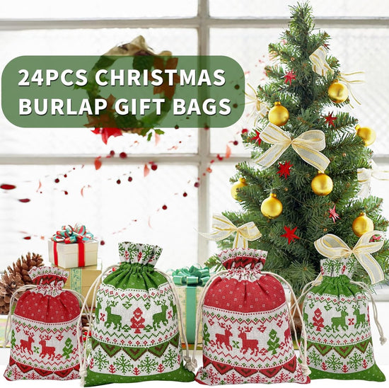 Christmas linen gift bags - 24 pieces - 10x14cm - Christmas decoration for indoors - Reusable - Christmas candy bags with drawstring - Suitable for gift bags for children&
