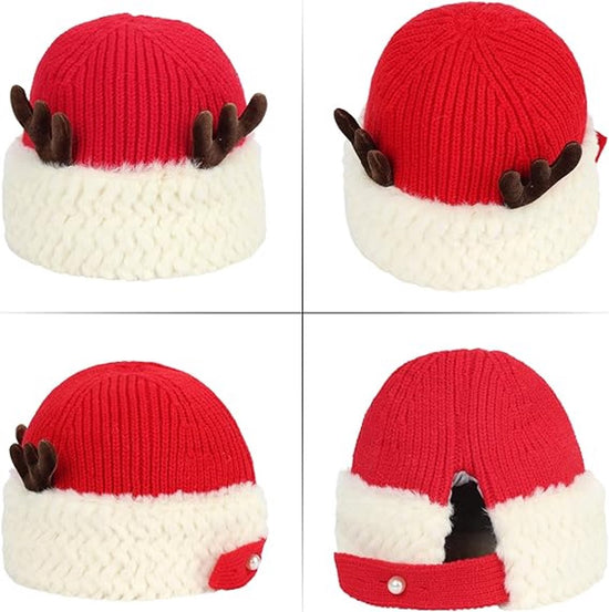 Hat - Warm knitted hat - Winter hats with reindeer antlers for women - Warm Christmas hats - Women (Red)