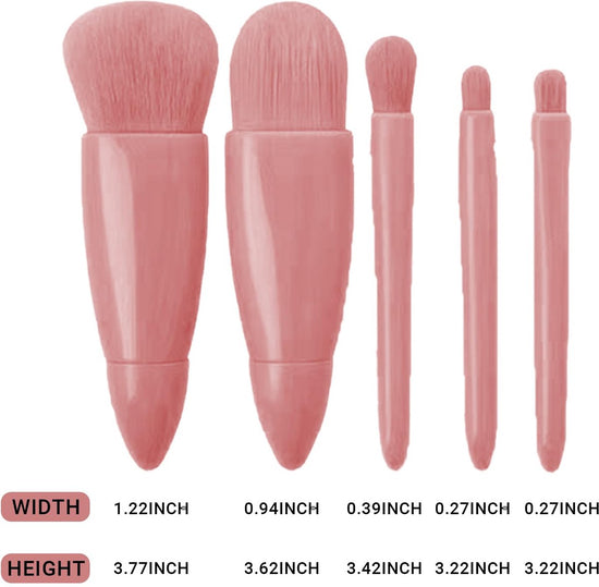 Makeup Brush Set - 5-Pack - Portable - Travel Makeup Brush Set with Mirror Case - Professional Foundation Brush, Eyeshadow Brush, and Blending Brush for Women - Lotus Pink