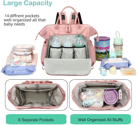 Convertible Diaper Bag - Wide Opening - 14 Pockets - Stylish - Baby Changing Bag - with Stroller Buckle - Diaper Bag - Waterproof (Pink)