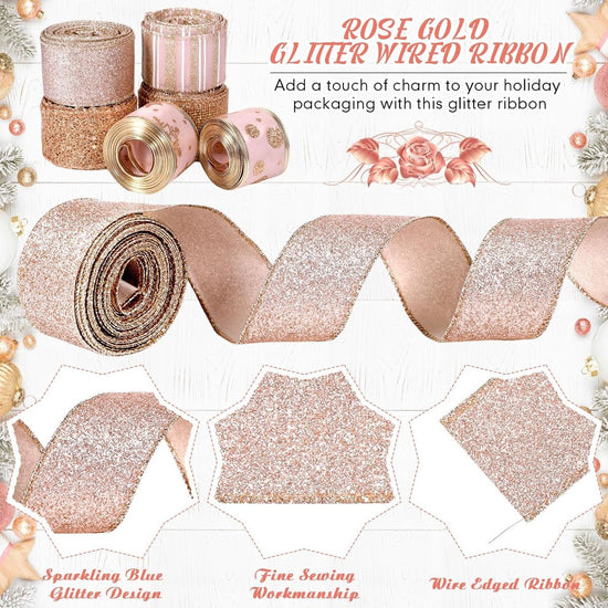 6 Rolls - Sparkling Gold Silk - Suitable for Christmas Trees, Gift Bows, DIY Crafts, Wreaths & Home Decor - 1.5" Wide x 19" Long (Rose Gold)