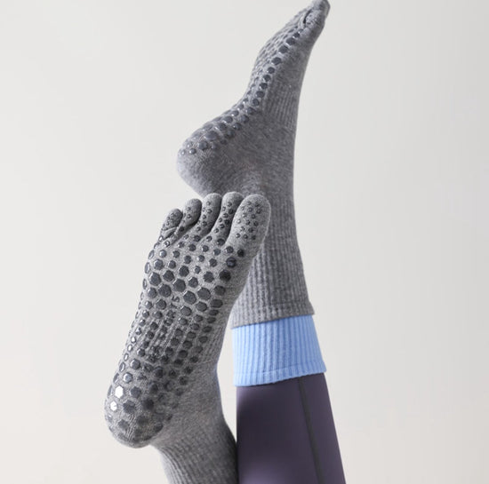 Yoga Socks (2 pairs) - Five Finger Yoga Socks - Non-slip Socks - Toe Socks - Pilates Socks - Suitable for Sports - Fitness - Dance - Gray