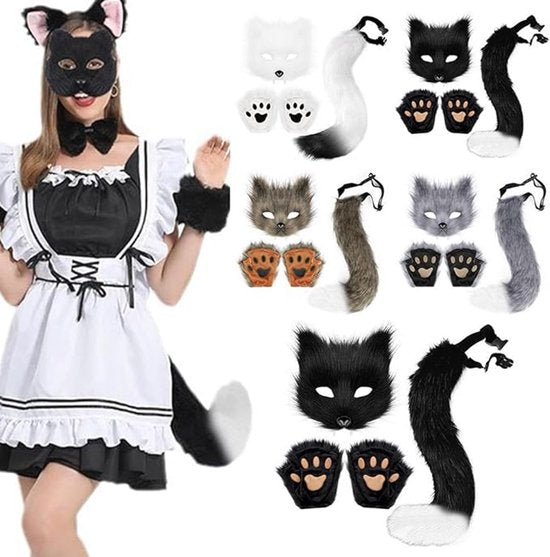 3-Piece Fox Costume Accessory Set – Fluffy Mask, Tail and Gloves – Suitable for Parties & Carnival (Grey)