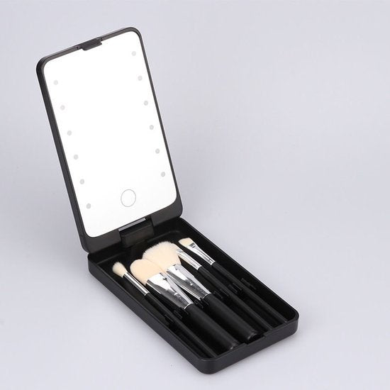 LED Makeup Mirror - Lighted Mirror - Set of 5 Makeup Brushes - Makeup Brush Storage Box - Cover - Dustproof - Black