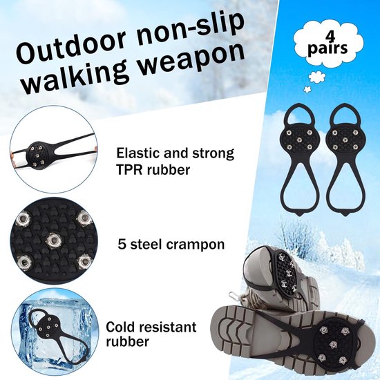 Snow boots with non-slip soles - Set of 4 - Safe walking on icy and snowy roads - Suitable for size L (35-45) - Non-slip studs - Suitable for winter walking, hiking, jogging, strolling and mountaineering