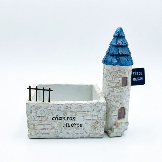 Mini French Country Tower House Planter with Blue-Tiled Tower – Handcrafted Resin Succulent Pot with Drainage, Decor for Desk, Patio, Windowsill & Shelf