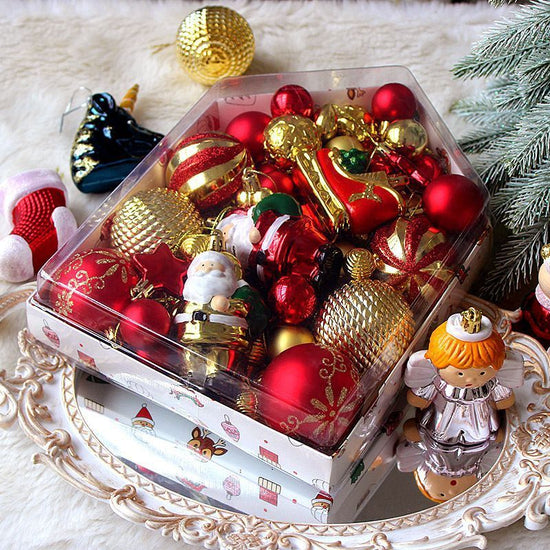 72Pcs Comprehensive Xmas Pendant Kit with House Style Outer Box, Textured Electroplated Baubles and Character Decor in Coffee Gold Tone, Matching Christmas Wreath Arrangement and Halloween Household Scene Design