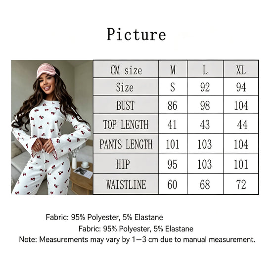 White Base Cherry Size M | Flared Sleeve Ruffle Trim Sleepwear Set | Halloween Daily Casual Gift | All-Match Print Long Sleeve Long Pants Women&