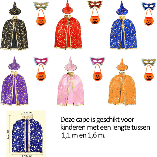 Witch Halloween Costume for Kids, Purple Cloak Cape with Hat, Pumpkin Bag and Eye Mask, Fancy Dress for Carnival