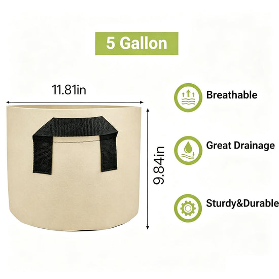 5 Pack 5 Gallon Felt Plant Grow Bags, Non-woven Fabric Planter Pots with Handles, Fabric Growing Containers for Potato, Vegetables, Flowers & Seedling Nursery