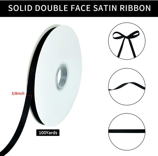 3/8 Inch x 100yds Black Satin Ribbon Thin Solid Fabric Ribbons Roll for Gift Wrapping Invitation Floral Hair Balloons Craft Sewing Party Wedding Halloween Decoration Valentine&