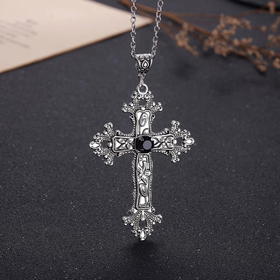 Kvekstio Vintage Gothic Cross Necklace for Women Men – Large Antique Silver Crucifix Pendant with Black Crystal, 20" Chain Punk Statement Jewelry Gift for Christian, Perfect for Christmas Halloween