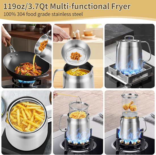 119oz 304 Stainless Steel Deep Fryer Pot with Basket & Strainer, Large Capacity Bacon Grease Container for Kitchen,Frying, Cooking, Camping,Oil Filter Container - Dishwasher Safe (119oz/3.5L/3.7Qt)