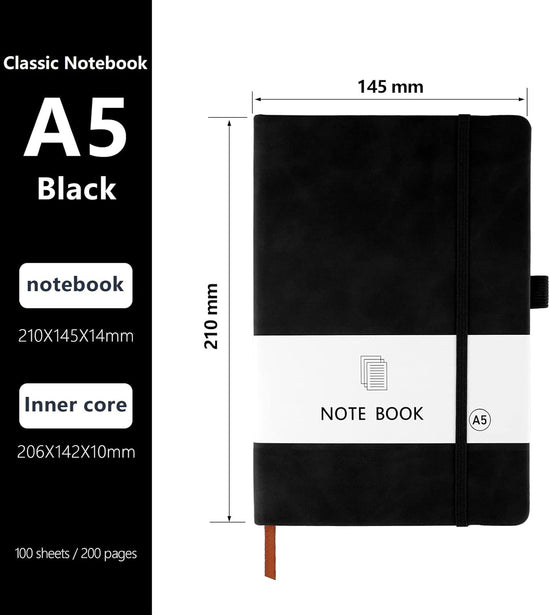 A5 Notebook, Notebook Note Book Pad Journal Notepad PU Leather for Office School Home Business Writing & Taking 200 Pages (100 Sheets)- Black