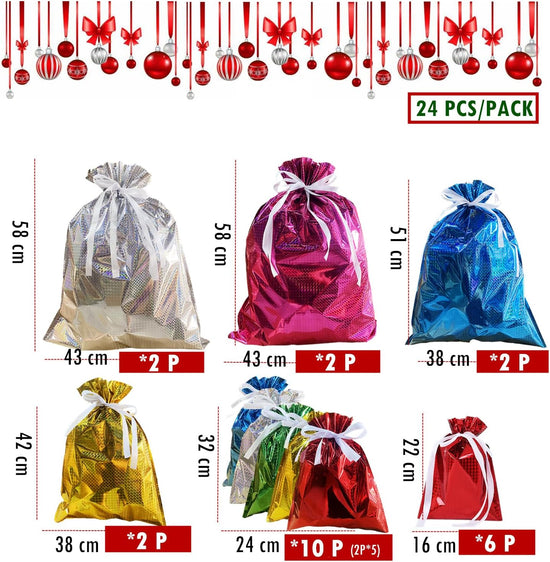 24 Pack Foil Gift Bags Drawstring Solid Color Present Wrapping Bags, 6 Shimmer Multipack Bag, Jumbo Christmas Bag, Reusable Large Xmas Bag for Presents Birthday Wedding Party color-24p