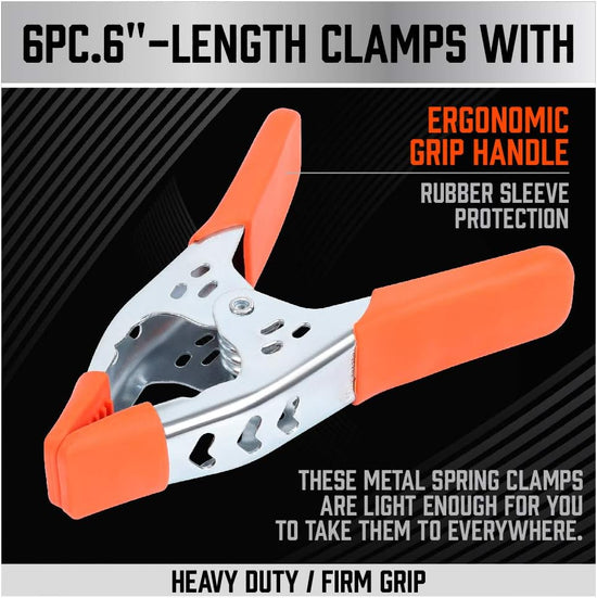 Spring Clamps - Set of 6 - 6 inch - Heavy Duty Spring Clamps - Metal Spring Clamps - Fastening Clamps - A-frame Clamps - Fastening Clamps for Woodworking - Jaw Opening 2.5 inch