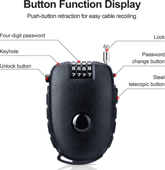 Snowboardslot - 4-position combination 27.5 inch - retractable cable lock - for snowboards, bikes, luggage, backpacks, scooters, suitcases - small - multi-functional - travel security lock - black