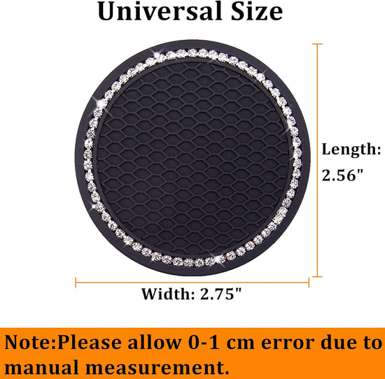Nice car coasters 2 pieces Universal car cup holder inserts Coasters 2-75 inch Silicone non-slip sparkling crystal diamond Car accessories for women and ladies (black background with white diamonds)