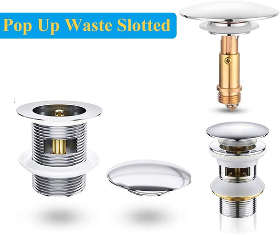 Pop-up click waste plug - sink drain stopper - brass slotted drain button - suitable for bathroom sink