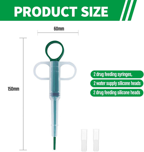 Two-piece set with pet pill poppers, cat pill poppers and cat pill dispensers. Reusable cat pill poppers. Green pill poppers with soft tips for safety and reliability. Handy for both cats and dogs.