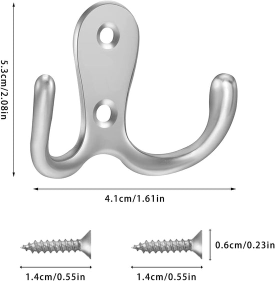 4 pieces of coat hooks with double pins, metal coat hangers, double coat hooks, suitable for bathroom, bedroom, door, wall, clothes, can hang jackets, scarves, bags, towels, keys, hats, with 8 screws