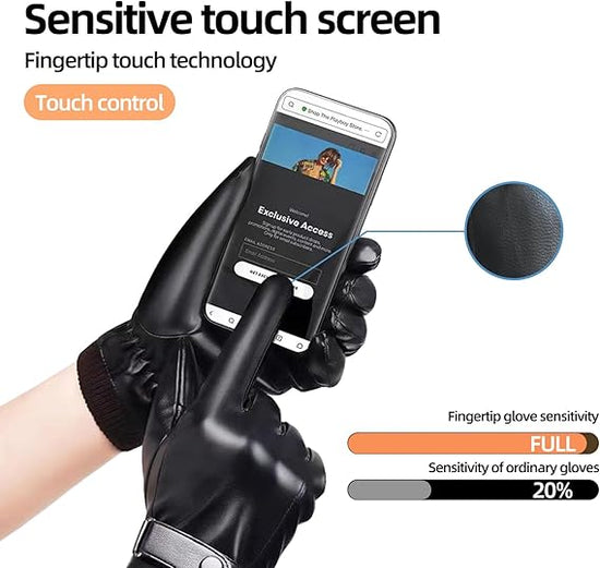 Black winter gloves made of genuine leather - warm and insulated gloves - adjustable size - compatible with touchscreen devices - non-slip palm - cashmere lining - windproof, rainproof and snowproof