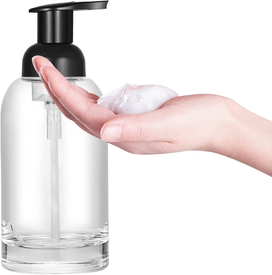 Hand soap bottle - Foam soap dispenser - Glass - Pump type - 375 ml dispenser - Clear bottle with black pump - For hand soap and body soap - 2-pack