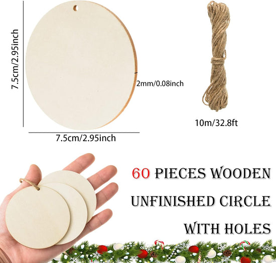 Wooden circles - Perforated - 60 pieces - Perforated wooden circles - Handwritten labels - Wooden hangtags - Blank wooden circles (for signs, ornaments, gift labels, Christmas decorations)