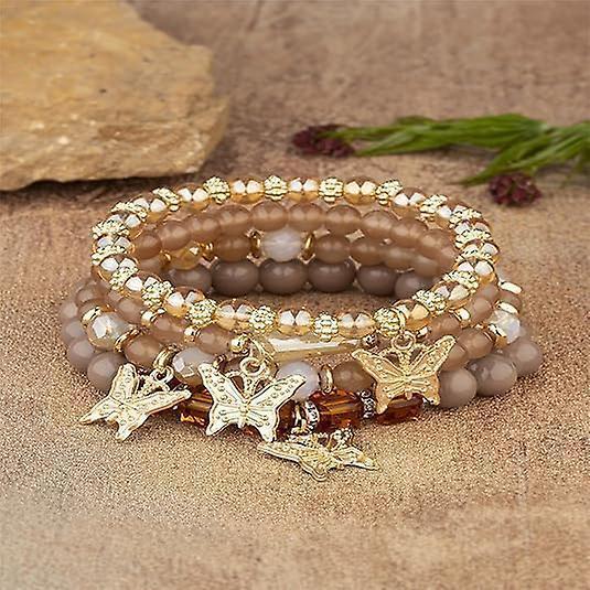 4pcs Set Bohemian Butterfly Crystal Stone Stretch Pendant Bracelets For Women Girls Gold Beaded Stackable Stretch Bracelet Colorful Charm Jewelry