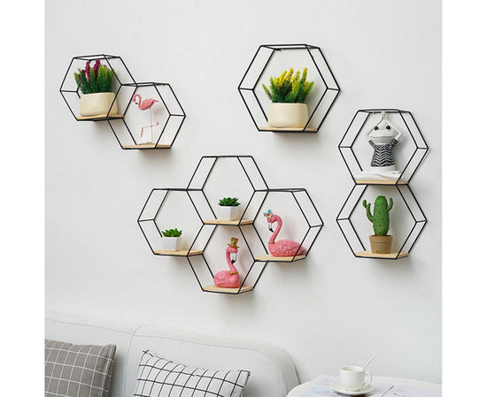 Nordic Hexagonal Iron Stand Small Pot Wall Holder Home Shelf Storage Holder-Golden M
