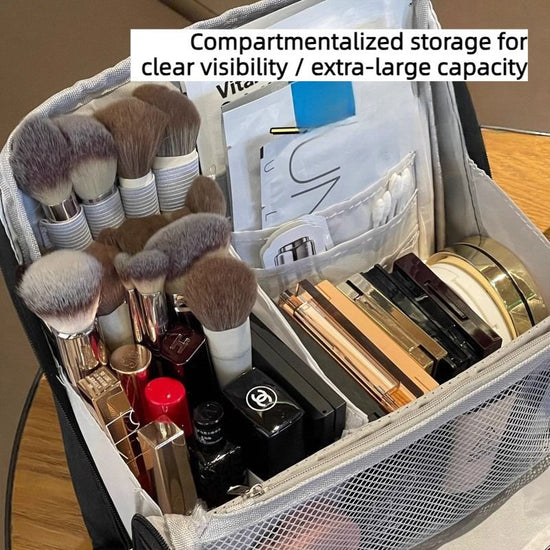 Portable Multi-Functional Toiletry Bag, Stand-Up Large-Capacity Storage Bag for Makeup Brushes, Cosmetics, and Toiletries, Jinbu Multi-Compartment Storage Bag - Black