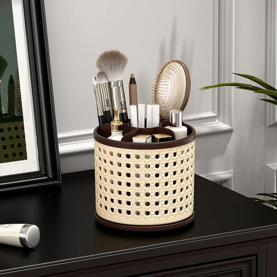 Mid-Century Vintage Makeup Organizer, Desktop Pen Holder, Rotating Storage Rack, Large Capacity, Multi-Compartment, Thickened Plastic Storage Bin