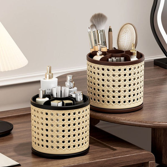 Mid-Century Vintage Makeup Organizer, Desktop Pen Holder, Rotating Storage Rack, Large Capacity, Multi-Compartment, Thickened Plastic Storage Bin