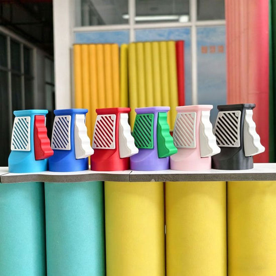 3D printed desktop ornament of a one-handed can opener, for beverages. Light blue