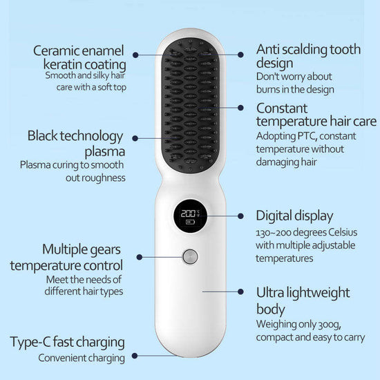 White Professional Cordless Hair Straightener Brush - 4-in-1 EMS Scalp Massager & Ionic Straightening Comb - Red & Blue Light Therapy for Hair Growth - Portable USB Rechargeable Hot Comb for Men & Women