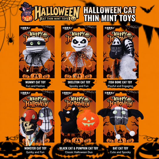 Delight your feline friend this spooky season with our Halloween-themed catnip toys, featuring plush skeletons, mummies, and pumpkins that awaken your cat’s playful instincts for hours of self-amusing fun. (Fish Bone & Mouse Bone Set)