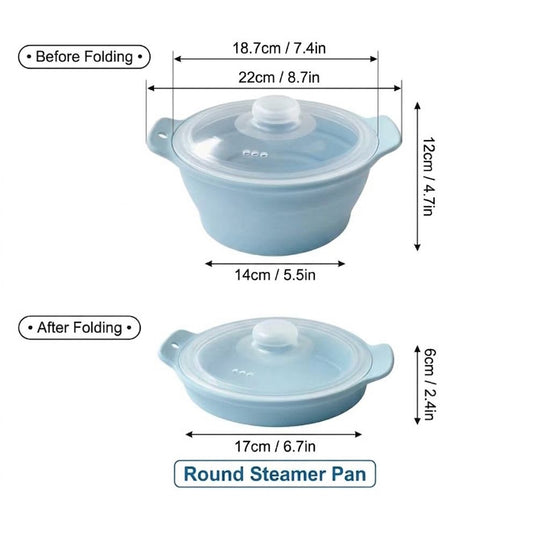 Foldable Food-Grade Silicone Steamer Pot with Lid and Steamer Rack – Space-Saving Collapsible Cookware for Microwave, Freezer, Camping, and Outdoor Meals, Effortless Storage and Versatile Kitchen Companion (Round Style, Dark Blue)