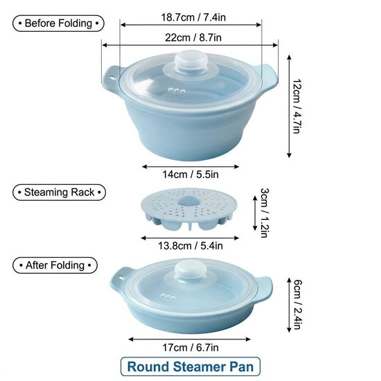 Foldable Food-Grade Silicone Steamer Pot with Lid and Steamer Rack – Space-Saving Collapsible Cookware for Microwave, Air Fryer, Camping, and Outdoor Meals, Available in Round and Rectangular Sizes (Round Style, Dark Blue)
