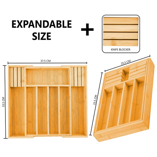 Large Capacity Bamboo Expandable Drawer Organizer with Knife Block Holder for Home Kitchen Utensils