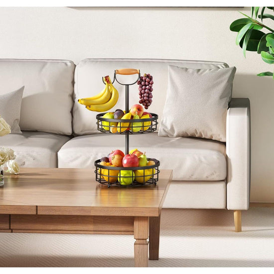 2-Tier Fruit Basket Bowl Storage with Wood Lift Handle and Dual Banana Tree Hanger for Kitchen Countertop